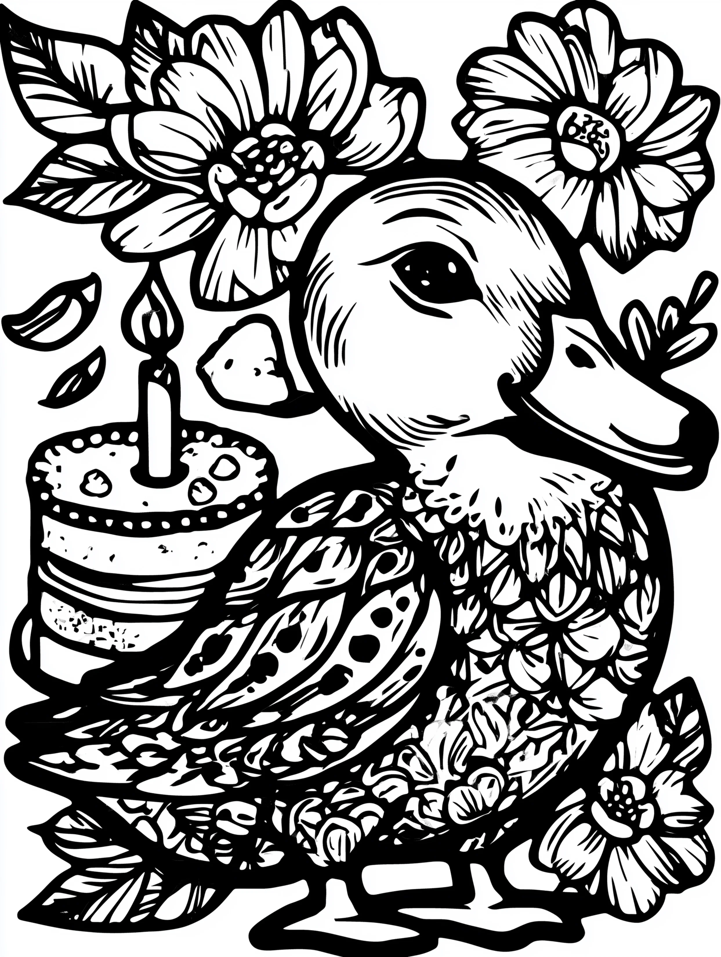 Free printable duck coloring page for adults featuring a duck in front of a cake